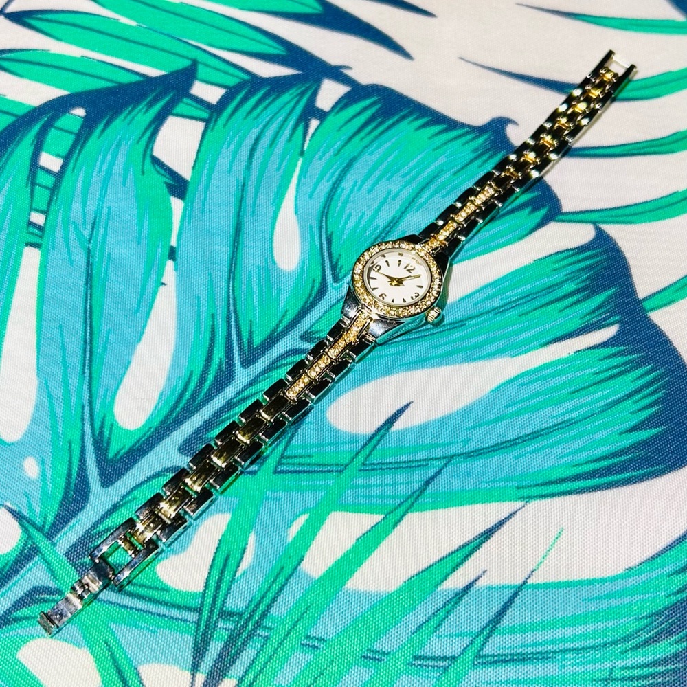 Silver/Gold Luxury Watch with Gemstone Bezel Contemporary Refined Look